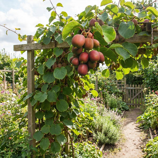 Rote Kiwipflanze mit Früchten an einem Holzspalier in einem hellen, weitläufigen Garten.