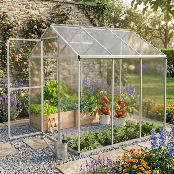 Helles, organisiertes Gewächshaus aus Aluminium mit transparenten Paneelen im Garten mit Hochbeeten, Tomatenpflanzen und einer Gießkanne.