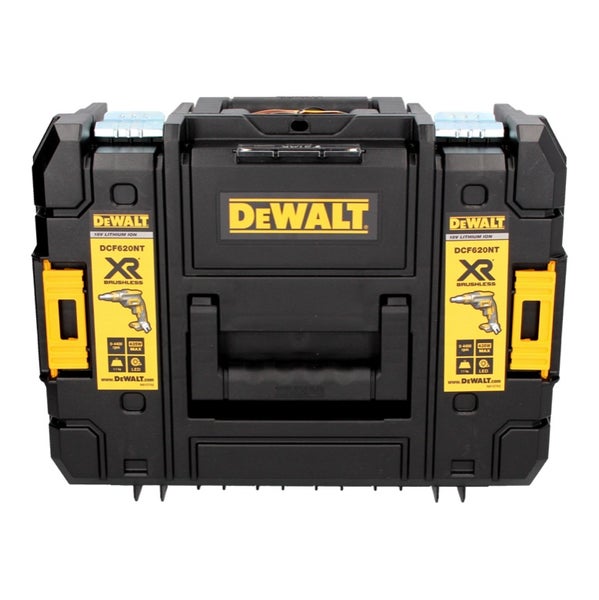 DeWALT Werkzeugkoffer TSTAK für Akku-Trockenbauschrauber DCF620NT mit Metallverschlüssen und Tragegriff, DeWALT Logo.
