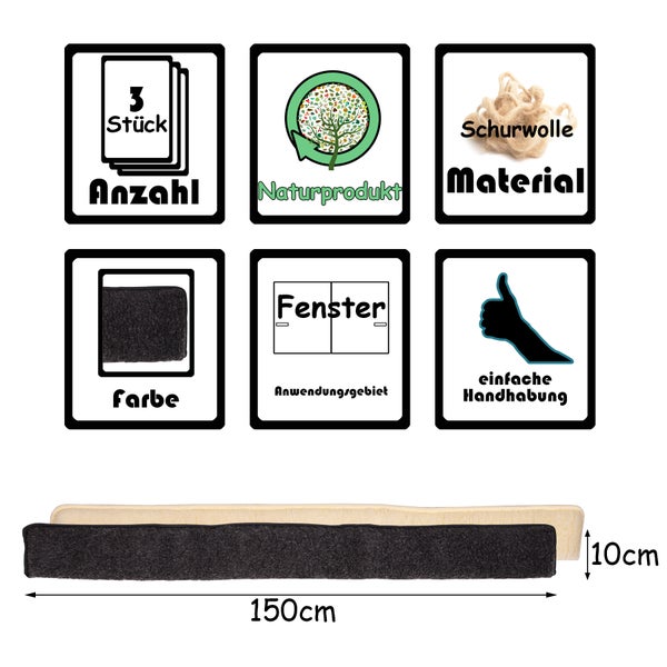 BigDean 3x Zugluftstopper für Fenster 150cm - 100% Schurwolle - Anthrazit - Luftzugstopper Durchzugstopper Windstopper - Made in Germany