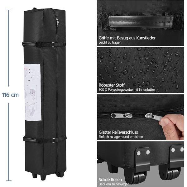 Schwarze Tragetasche mit Griffen, Reißverschluss und Rollen, Länge 116 cm
