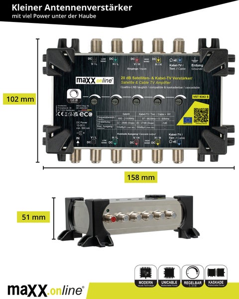 20-Dezibel-Satelliten- und Kabel-TV-Verstärker mit Anschlüssen und den Maßen 102 x 158 x 51 Millimeter.