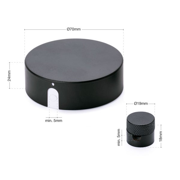 Abgebildet sind zwei Drehknöpfe mit den Maßen 70 mm und 19 mm.