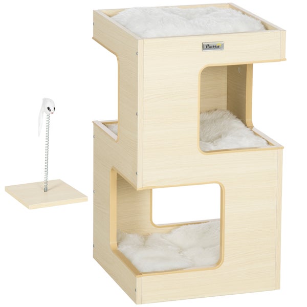 PawHut Katzenhöhle, 3-stufiger Katzenschrank mit Kissen, Katzenhütte, Katzenhaus mit falschem Mausspielzeug, katzenmöbel, Indoor, Eiche, 34 x 34 x 60 cm