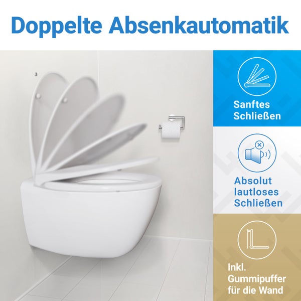 Wand-WC mit WC-Sitz inklusive doppelter Absenkautomatik, lautlosem Schließen und Gummipuffer für die Wand.