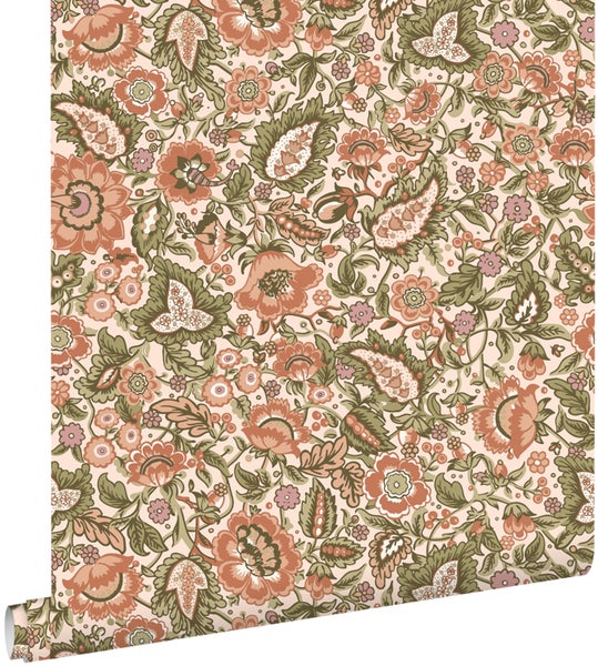 ESTAhome Tapete Blumenmuster Grün und Terrakotta - 50 x 900 cm - 131494