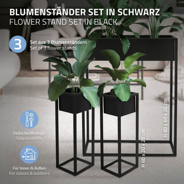 ML-Design Blumenständer 9er Set im Schwarz aus Metall, 60x20x80 cm / 20x20x60 cm, stehend, Übertopfständer für Pflanzen Innen- und Außen, Pflanzkasten Blumenkasten Pflanzenständer Hochbeet Kräuterbeet