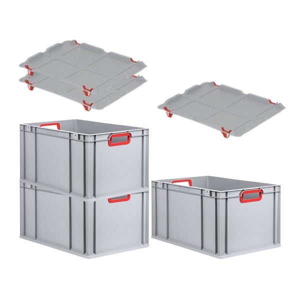 PROREGAL Spar Set 3x Eurobox Nextgen Color Mit Auflagedeckel & Schiebeschnappverschlüsse HxBxT 32 x 40 x 60 cm Griffe Rot Offen Verstärkter Boden