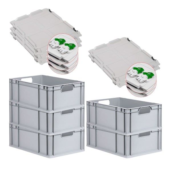 PROREGAL Spar Set 5x Eurobox Nextgen Economy Mit Scharnierdeckel & Grünen Schiebeschnappverschlüssen Griffe Offen HxBxT 22 x 40 x 60 cm 44 Liter
