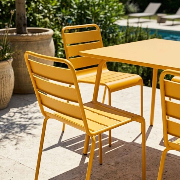 Modernes Gartenmöbel-Set aus gelbem Metall mit Tisch und Lattenstühlen auf einer hellen, organisierten Terrasse.