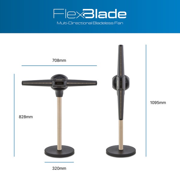 Dimplex FlexBlade Ventilator: Kopfbreite 708 Millimeter, Standhöhe 828 Millimeter, Fußdurchmesser 320 Millimeter, Gesamthöhe 1095 Millimeter.