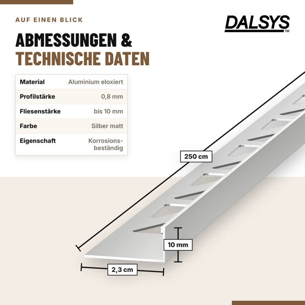 Dalsys Fliesenprofil aus eloxiertem Aluminium mit einer Länge von 250 Zentimetern, einer Höhe von 10 Millimetern und einer Breite von 2,3 Zentimetern.
