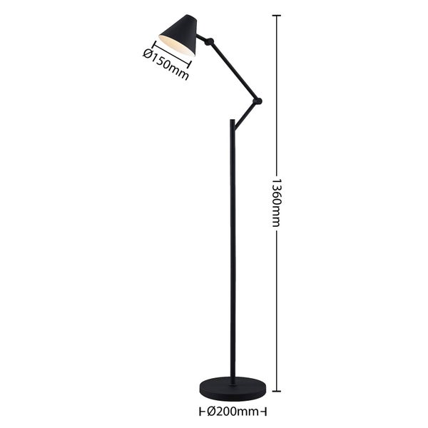 Schwarze Stehlampe mit den Maßen 1360 mm Höhe, 150 mm Lampenschirmdurchmesser und 200 mm Fußdurchmesser.