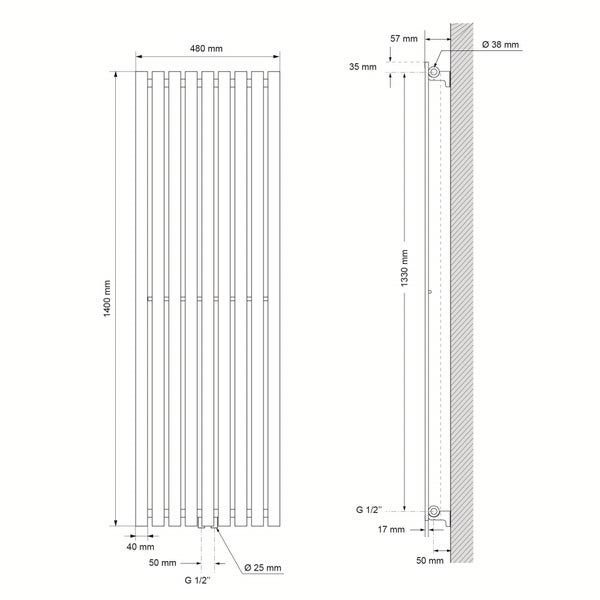 ECD Germany Paneelheizkörper Vertikal 480 x 1400 mm Chrom mit Mittelanschluss, Design Flach Heizkörper Einlagig Badheizkörper Flachheizkörper Designheizkörper Einreihig Heizung Badezimmer/Wohnraum