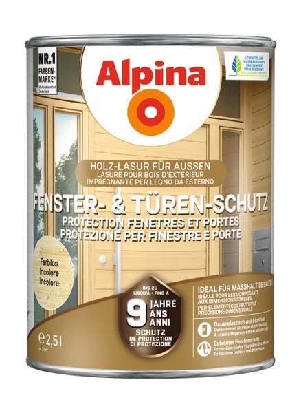 Alpina Holz-Lasur Fenster- und Türenschutz, farblos, 2,5 Liter, bietet bis zu 9 Jahre Schutz, extremen Feuchteschutz und ist dauerelastisch.