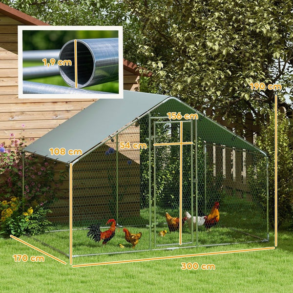 PawHut Hühnerstall Freilaufgehege 3x1,7x1,9 m mit Schloss Verzinkter Stahl Hühnerhaus mit Wasserdichtem, Anti-UV Dach Freigehege Outdoor Geflügelstall für Hühnerkäfig, Kleintiere, Pflanzen Silber