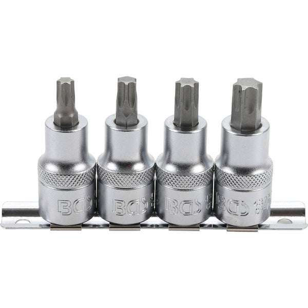 Vier Torx-Einsätze aus Stahl auf einer Metallschiene