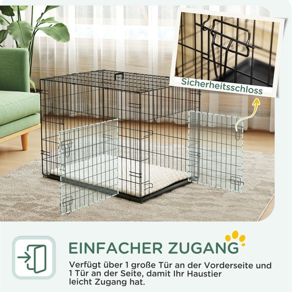 Drahtkäfig für Hunde mit zwei Türen und Sicherheitsschloss, inklusive weicher Liegematte, für einfachen Zugang und Sicherheit.
