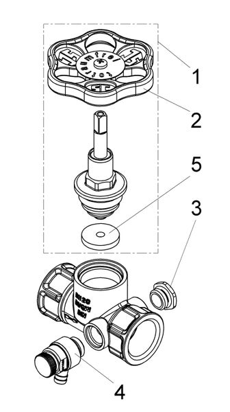 Explosionszeichnung eines Ventils mit nummerierten Ersatzteilen wie Handrad, Oberteil, Dichtung und Entleerventil.