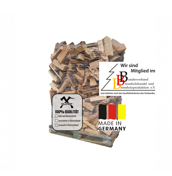 Stapel gespaltenes Kaminholz auf einer Palette, verpackt mit Netz, inklusive Zertifizierungen für Holzqualität und Herkunft aus Deutschland.