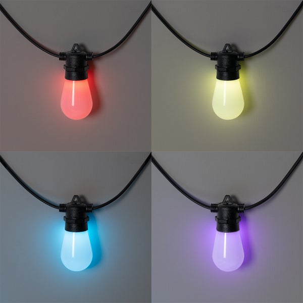 LED-Lichterkette mit bunten Leuchtmitteln in Tropfenform und schwarzem Kabel.