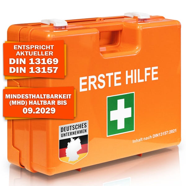 Oranger Erste Hilfe Kasten nach DIN 13169 und DIN 13157 mit Mindesthaltbarkeit bis September 2029