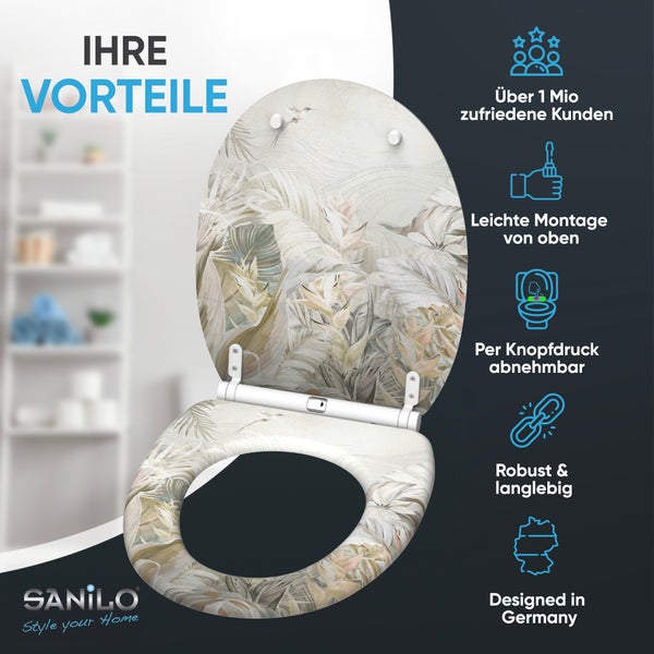 Sanilo Toilettensitz mit Pflanzenmuster und Montagevorteilen im Überblick.