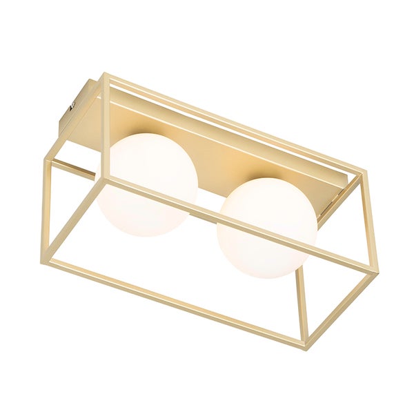 Deckenleuchte mit goldenem Metallrahmen in rechteckiger Käfigform und zwei weißen Glaskugeln.