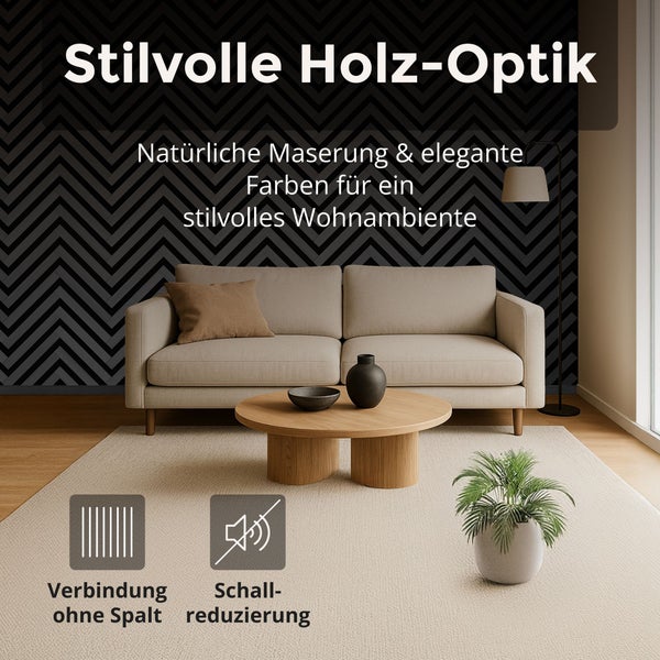 Modernes Wohnzimmer mit Sofa und Couchtisch in Holz-Optik. Merkmale: Verbindung ohne Spalt und Schallreduzierung.