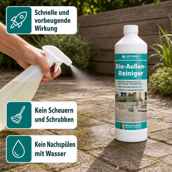 Hotrega Bio Außenreiniger in der Sprühflasche zur Anwendung auf Gehwegen, Terrassen und Pflasterflächen im Außenbereich.