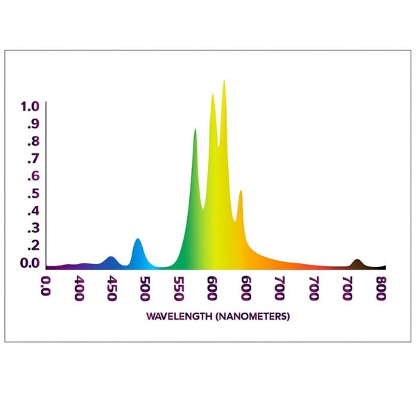 Diagramm der spektralen Strahlungsverteilung einer Lichtquelle, Wellenlänge in Nanometern von 400 bis 800.