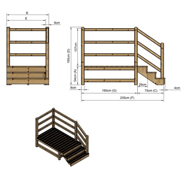 Technische Zeichnung eines Holzpodests mit Treppe und Geländer mit Maßangaben