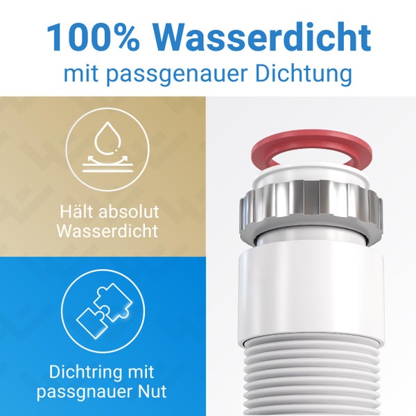 Nahaufnahme eines weißen Kunststoffrohrverbinders mit rotem Dichtungsring. Symbole verdeutlichen 100 Prozent Wasserdichtigkeit und präzise Passform.