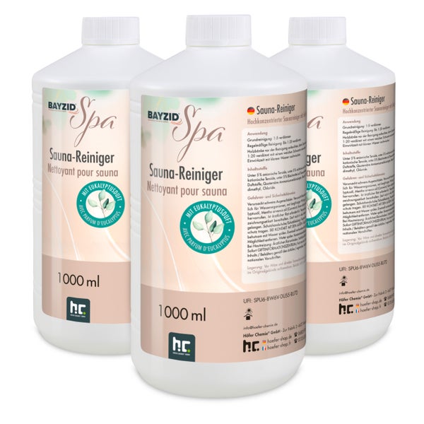 Drei Flaschen Bayzid Spa Sauna-Reiniger mit Eukalyptusduft, jeweils 1000 Milliliter.