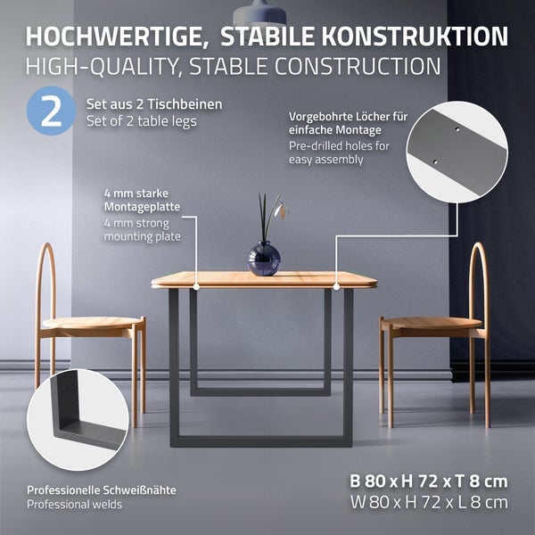 ECD Germany 2x Tischbeine aus Vierkantprofilen, 80 x 72 cm, Anthrazit, pulverbeschichtete Stahl, Industriedesign, Metall Tischkufen Tischuntergestell Tischgestell Möbelfüße, für Esstisch Schreibtisch