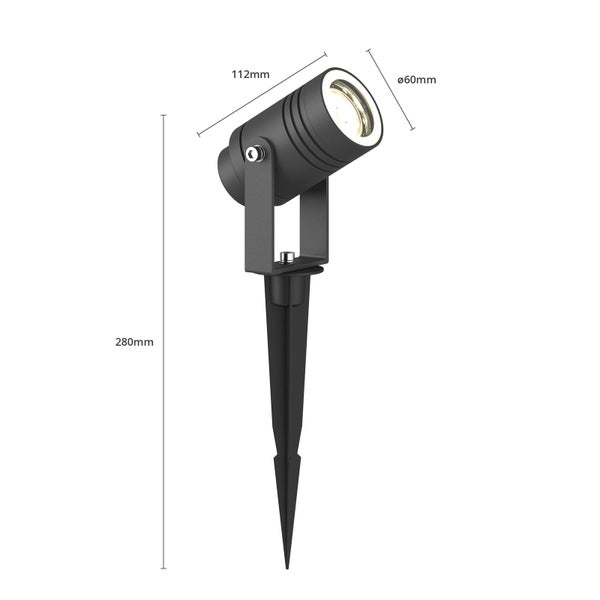 Gartenstrahler mit Erdspieß, Höhe 280 Millimeter, Lampenkopf Länge 112 Millimeter, Durchmesser 60 Millimeter.