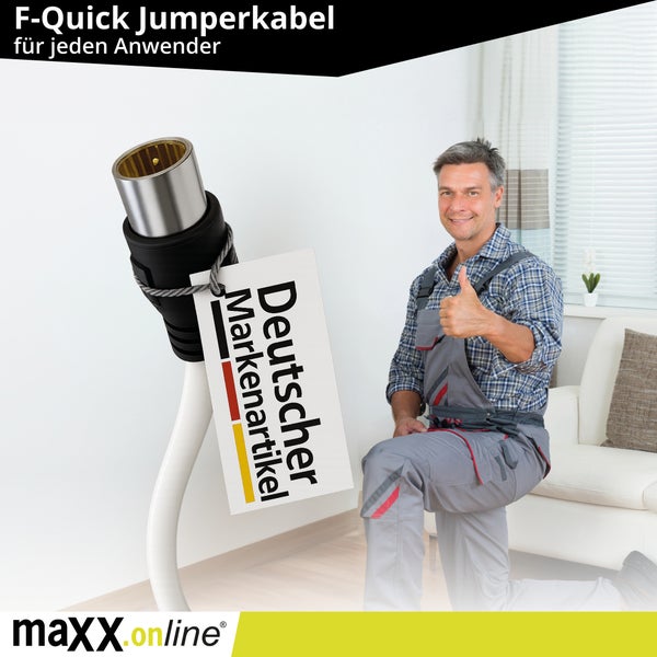 F-Quick Jumperkabel mit dem Siegel Deutscher Markenartikel und einem Mann im Hintergrund