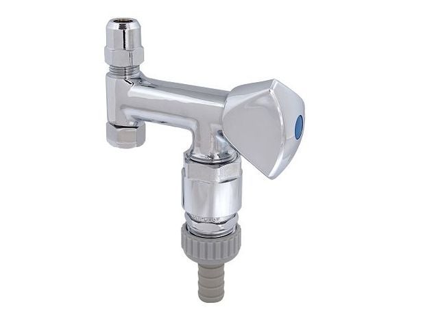 Kombi-Eckventil aus verchromtem Messing mit Schlauchanschluss und Geräteanschlussventil.