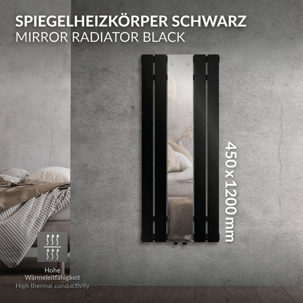 LuxeBath Badheizkörper mit Spiegel 1200x450 mm Schwarz matt, Design Paneelheizkörper Mittelanschluss Heizung, Flach, Spiegelheizkörper Glasheizkörper Flachheizkörper Vertikal Einlagig mit Montage-Set
