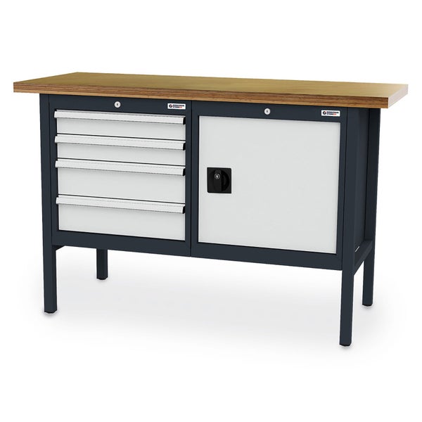 Werkbank mit Holzplatte, vier Schubladen und einer Tür, stabiles Metallgestell.