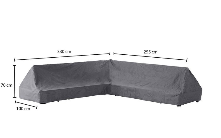 Schutzhülle für eine Eck-Gartenlounge mit den Maßen 330 cm, 255 cm, 70 cm und 100 cm.