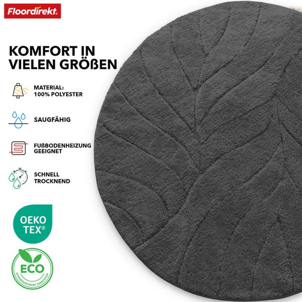 Grauer, runder Badteppich mit Blattmuster aus Polyester