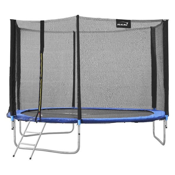 Hauki Trampolin Outdoor, Ø305 cm, Blau, GS geprüft, Rundes Gartentrampolin für Kinder bis 150 kg, Komplettset mit Sicherheitsnetz, Leiter, Randabdeckung, Gepolsterte Stangen, Stabile Kindertrampolin