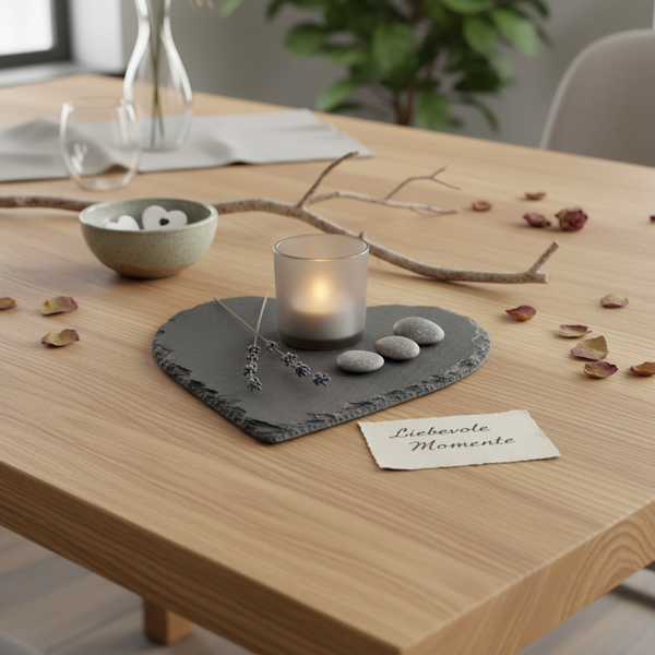 Dekorierte Szene auf einem Holztisch mit Schieferuntersetzer in Herzform, Windlicht aus mattem Glas, Kieselsteinen, Lavendel und einer kleinen Karte.