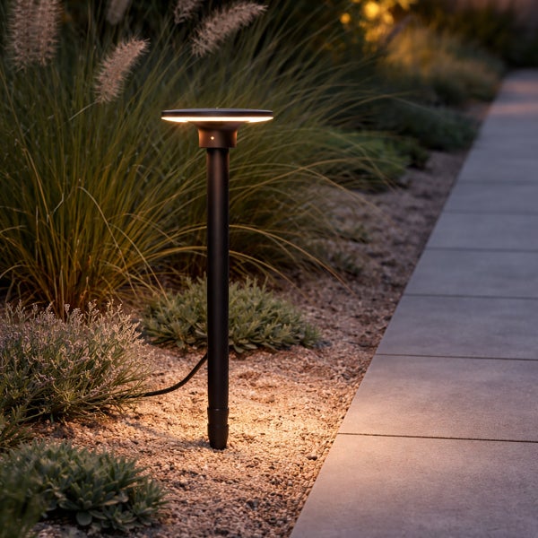Moderne schwarze Außen-Wegeleuchte mit flachem Kopf beleuchtet einen Gartenweg und Pflanzen mit warmem Licht.