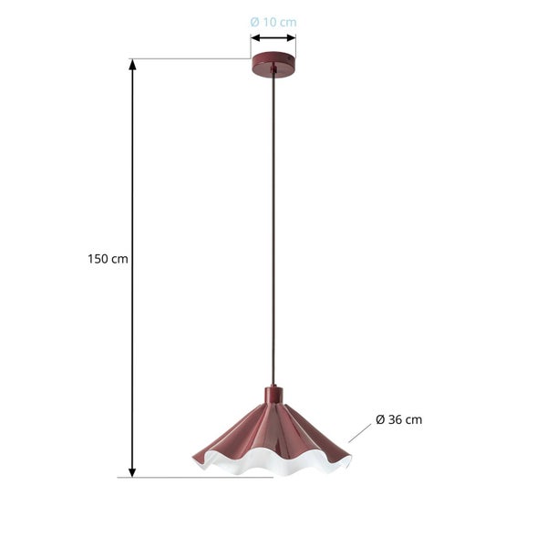 Moderne Pendelleuchte mit wellenförmigem Lampenschirm, Gesamthöhe 150 Zentimeter, Schirmdurchmesser 36 Zentimeter, Deckenbefestigung 10 Zentimeter.