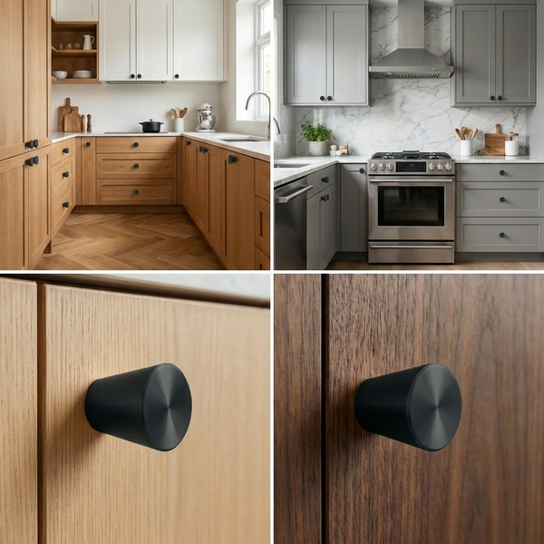 Collage mit zwei Küchen und Nahaufnahmen von Möbelknöpfen