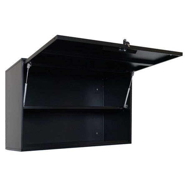 Geöffneter, abschliessbarer Werkzeugschrank zur Wandmontage mit Regal