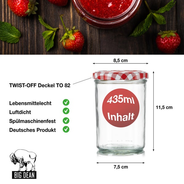 Glas mit Twist-Off Deckel und den Maßen 8,5 cm x 11,5 cm x 7,5 cm