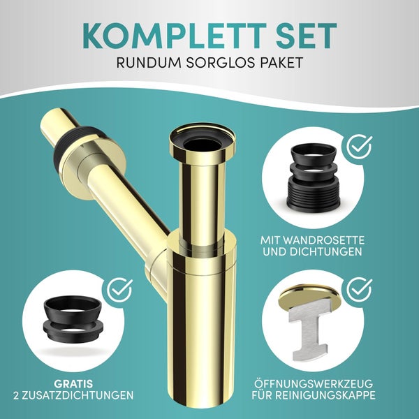 Engelbach® Design Siphon für Waschbecken & Waschtisch - Mit Reinigungsöffnung - r 1 1/4 - inkl. Gummimanschette und Anleitung